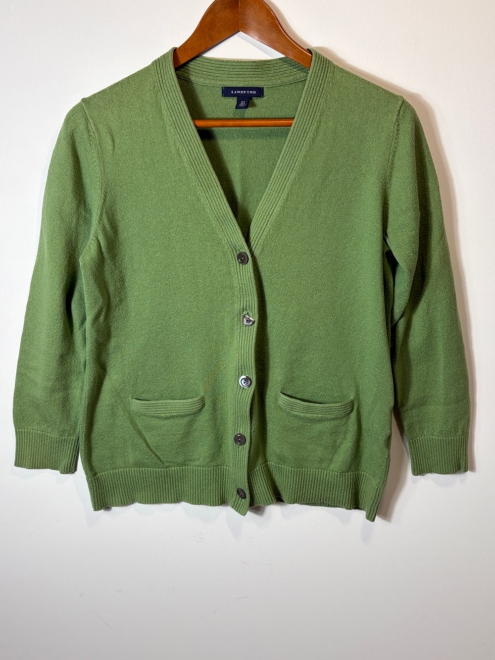 Lands’ End Green Cardigan Sweater Womens M Petite Button Front Classic